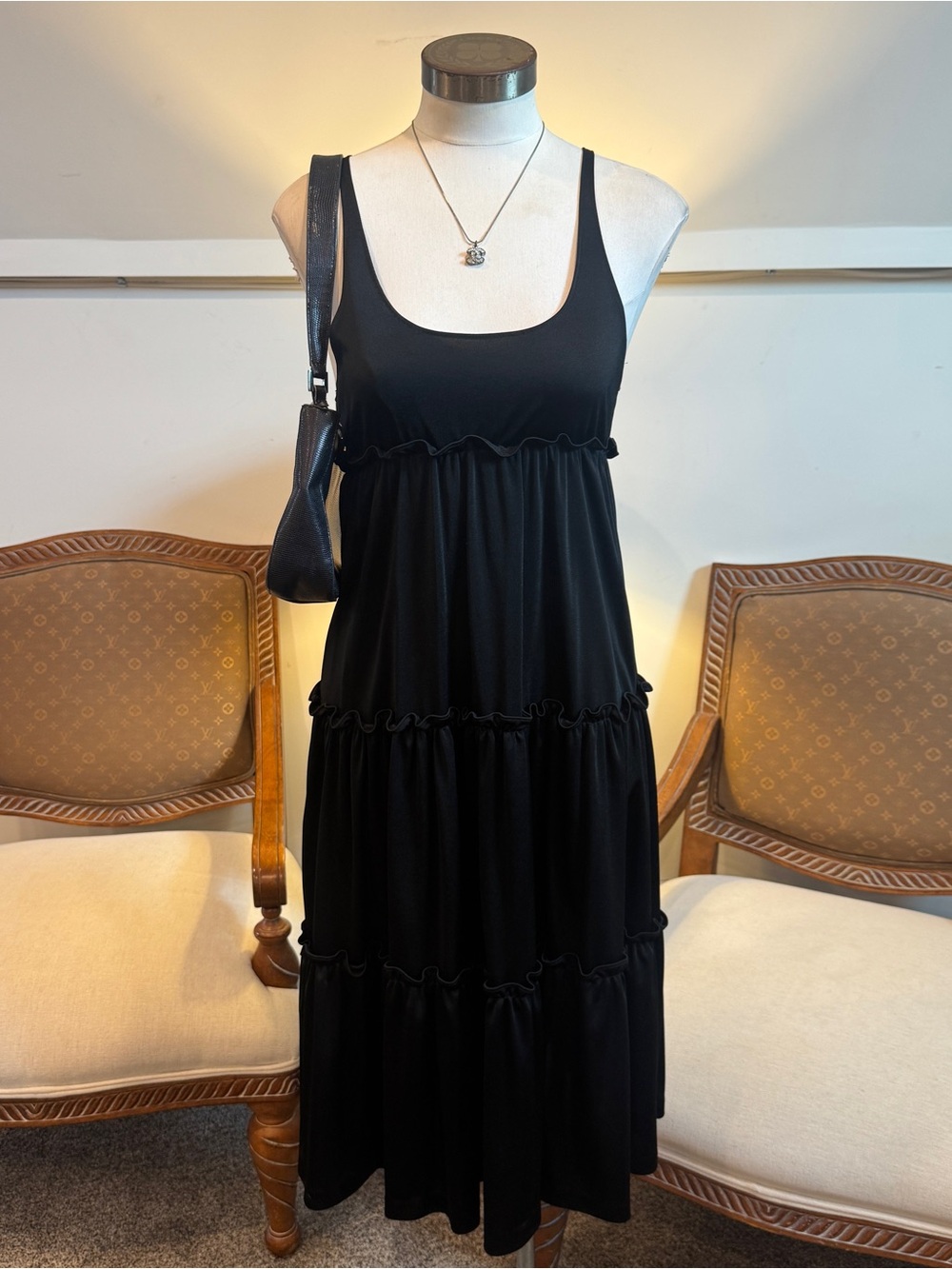 Vintage 70s Black Tiered Midi Dress, Small Nylon Grunge Whimsygoth Vibes